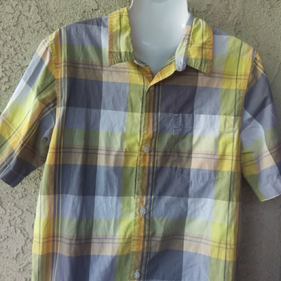 Old navy boy's yellow&gray plaid button up shirt - Picture 3 of 8